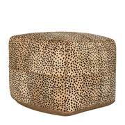 Classic Home hide accent pouf in neutral fabric, round shape, soft textured surface, used as versatile seating or footrest.