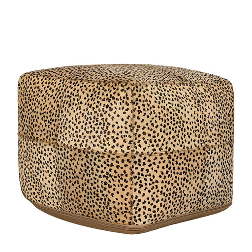 Classic Home hide accent pouf in neutral fabric, round shape, soft textured surface, used as versatile seating or footrest.