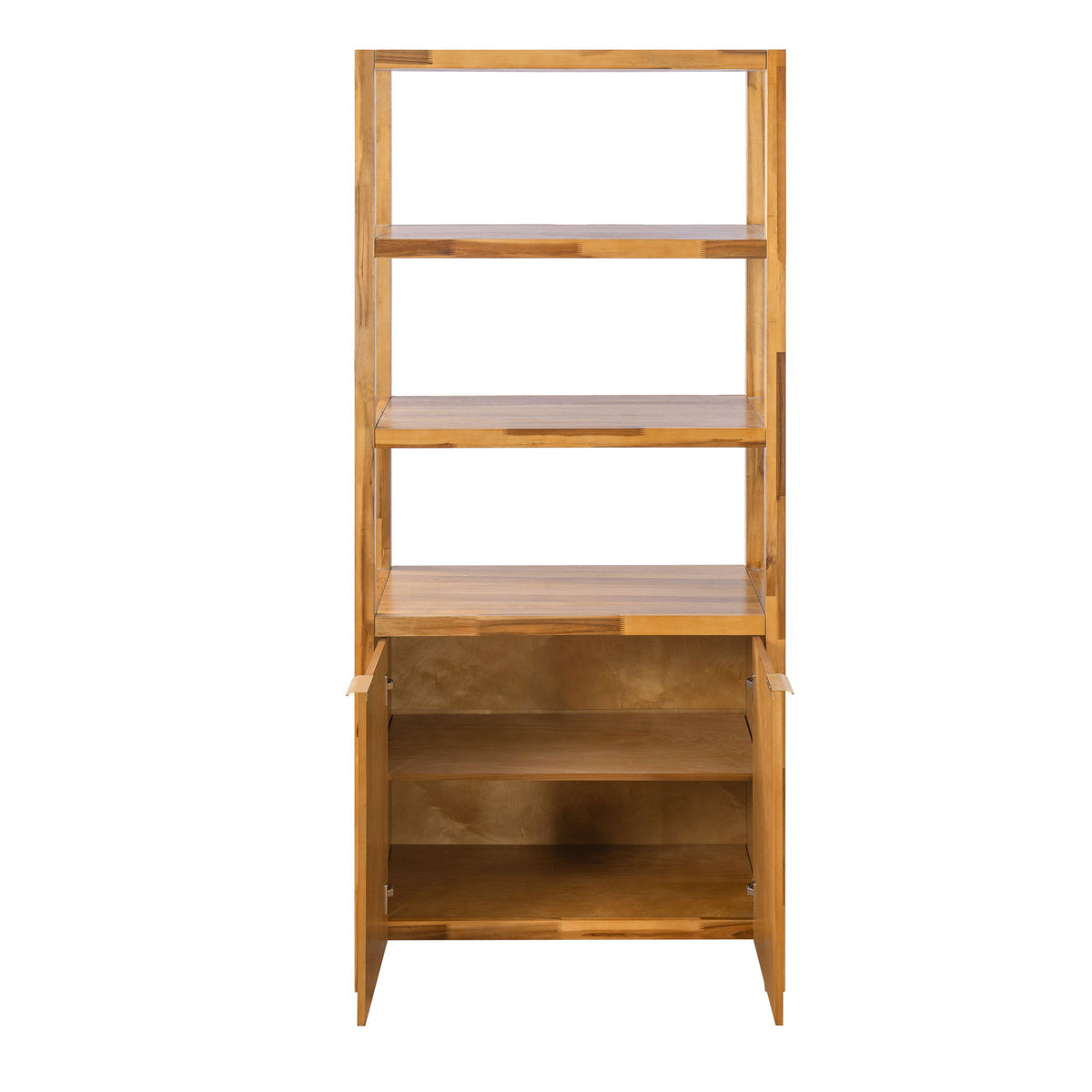 Tall Storage Bookcase Cabinet With 2 Open Shelves & Double Doors, Freestanding Shelving Unit - Natural