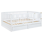 DreamHaus storage daybed with fence guardrails, two drawers, split into floor bed and daybed, featuring wooden frame and cozy design.