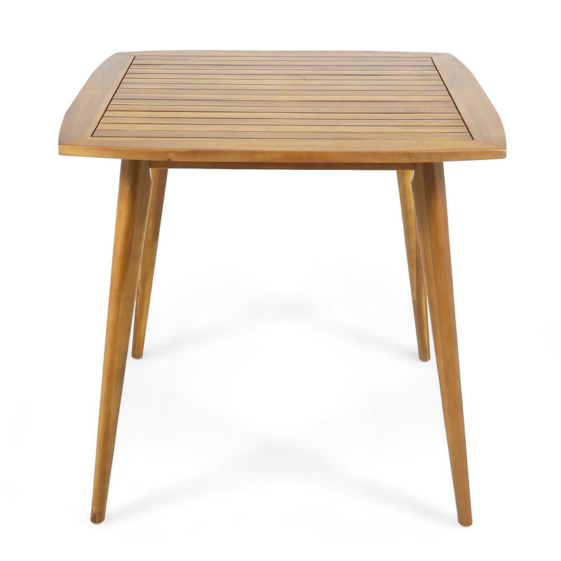 Modern indoor square dining table by Noble House with acacia wood surface and toothpick leg design, perfect for contemporary dining rooms.