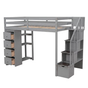 DreamHaus loft bed with built-in storage drawers, stairs with shelves, and a sturdy wooden frame for space-saving bedroom furniture.