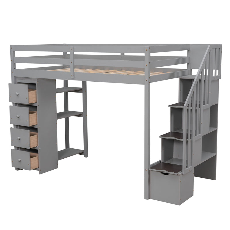 DreamHaus loft bed with built-in storage drawers, stairs with shelves, and a sturdy wooden frame for space-saving bedroom furniture.