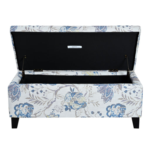 Luxury Storage Ottoman With Floral Patterned Fabric, Soft Close Hinges, Functional Footrest & Seat - Blue Flower / Blue Multi - R&R Furniture Gallery (Fountain Valley, CA)