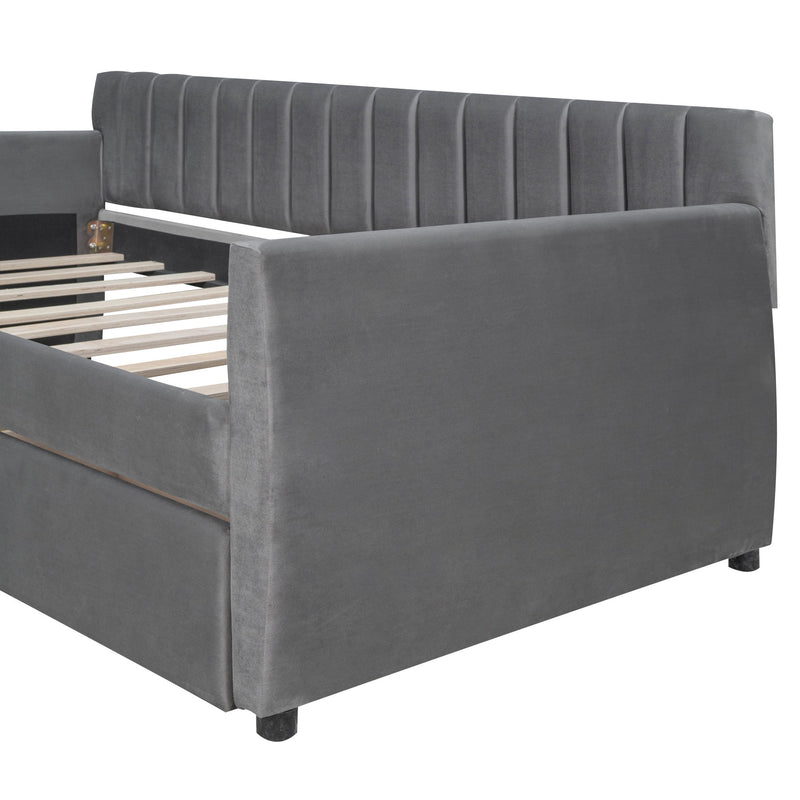 DreamHaus upholstered storage daybed with slat support, featuring a plush fabric headboard and built-in storage drawers.