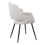 Pair of vintage flair Art Deco accent chairs by Lumi Source with black metal legs, upholstered in blue or cream fabric.