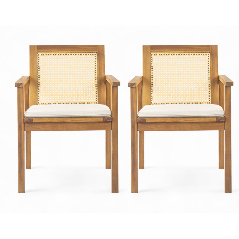 Set of two Noble House Preston outdoor teak dining chairs with beige cushions, ideal for patio or garden seating.
