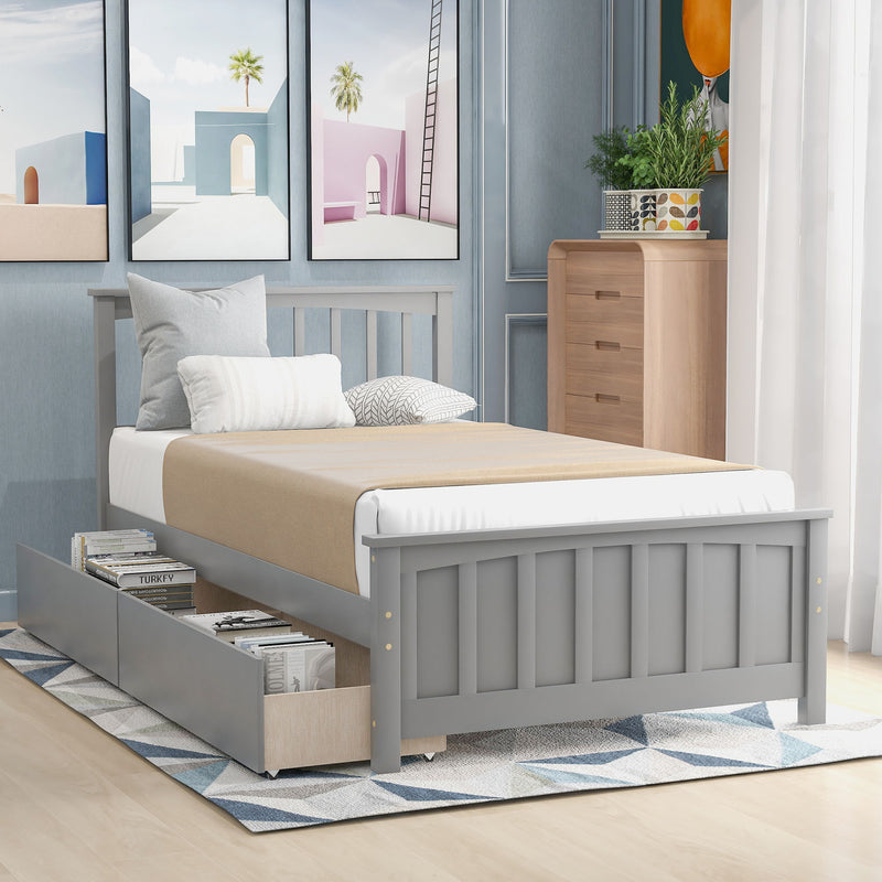 DreamHaus platform storage bed with two built-in drawers, showcasing a sleek modern design and sturdy wooden frame.
