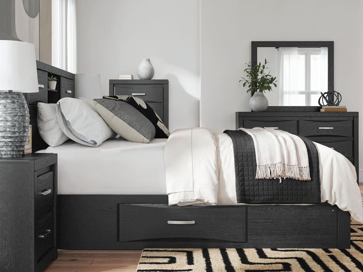 Stabotta - Queen Bookcase Bed With Storage Footboard And 2 Under Bed Storage Units - Black