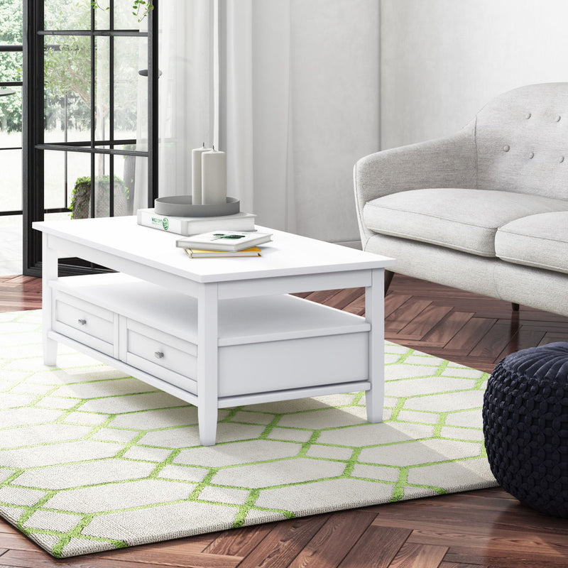 Handcrafted Warm Shaker coffee table by Simpli-Home showing smooth wooden surface and sturdy legs in a cozy living space.