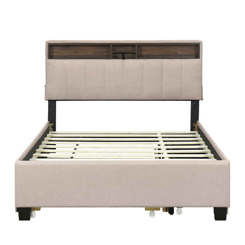 Upholstered Platform Bed With Storage Headboard, Trundle & 2 Drawers And A Set Of Sockets & USB Ports - R&R Furniture Gallery (Fountain Valley, CA)