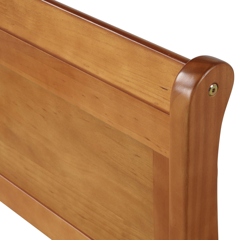 DreamHaus platform bed frame with wood slats, sleigh design, headboard, footboard, and sturdy support for mattress.