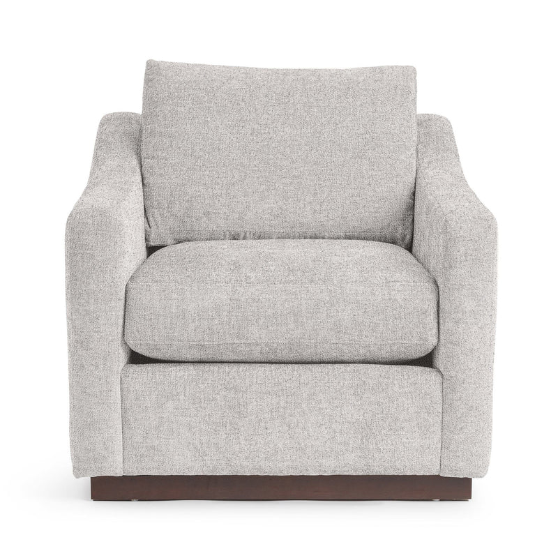 Classic Home Aspen accent arm chair with plush fabric upholstery and wooden legs, stylishly designed for comfortable seating.
