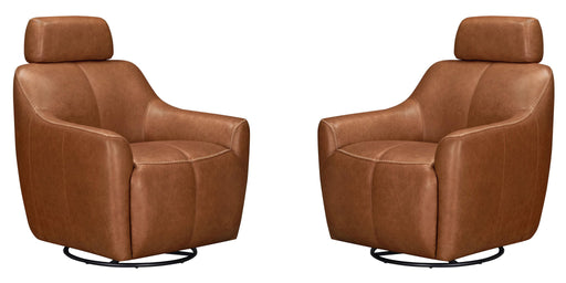 Parker Living Miles swivel gliding accent chair with plush upholstery and wooden base, ideal for living room seating.