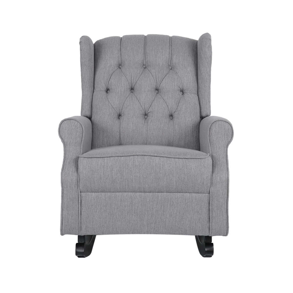 Gray Sheila fabric tufted wingback rocking chair by Noble House, featuring a plush cushioned seat and curved wooden base.