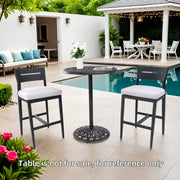 Set of two Life Outside modern outdoor bar stools with backrests and footrests, ideal for patio or outdoor bar seating.