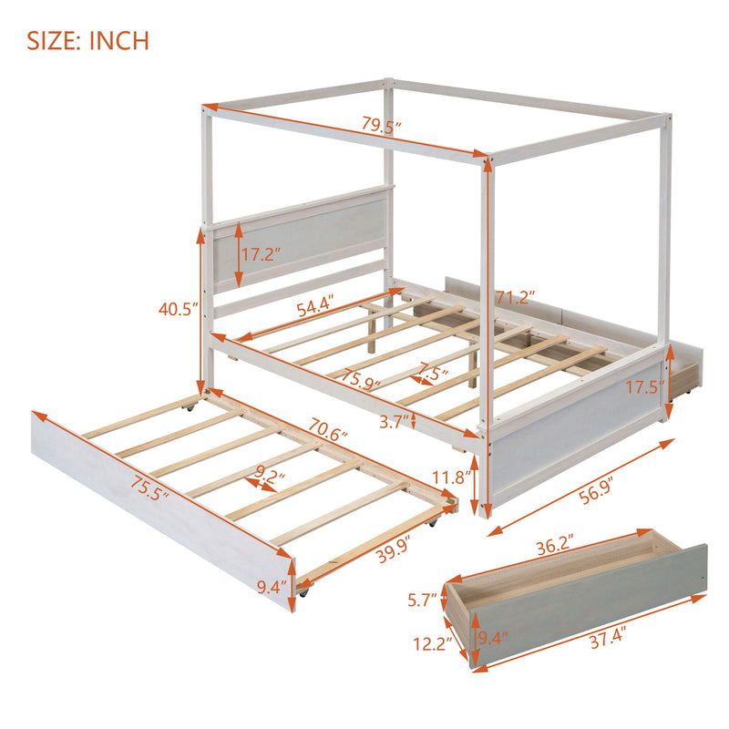 DreamHaus canopy platform bed with built-in drawers, support slats, and no box spring needed, shown in a modern bedroom setting.