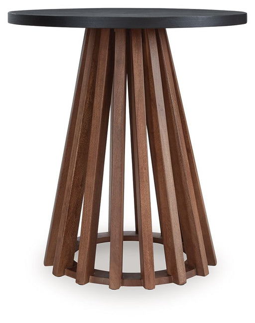 Kallari - Round End Table - Warm Brown / Black - R&R Furniture Gallery (Fountain Valley, CA)