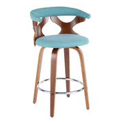 Pair of Lumi Source Gardenia Mid Century Modern counter stools with wooden legs and upholstered seats, set of two.
