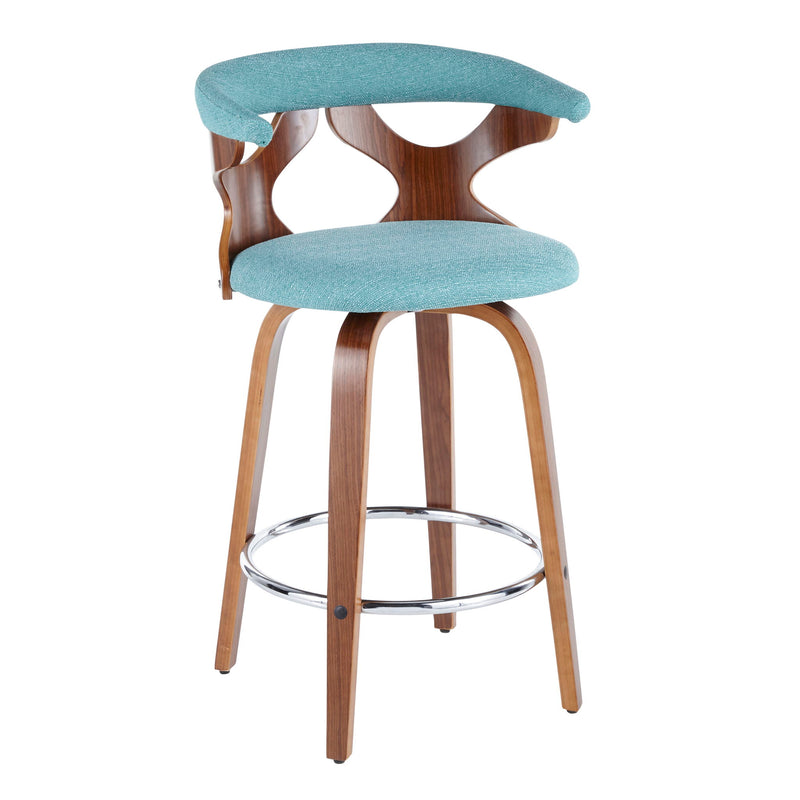 Pair of Lumi Source Gardenia Mid Century Modern counter stools with wooden legs and upholstered seats, set of two.