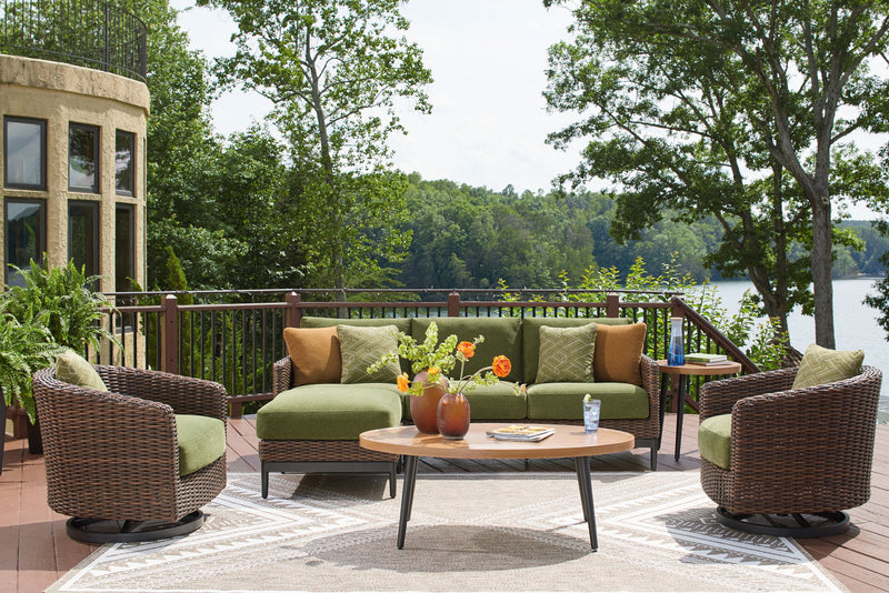 Signature Design by Ashley Horizon Hall lounge set with six outdoor pieces, including chairs, table, and cushions, for patio comfort.