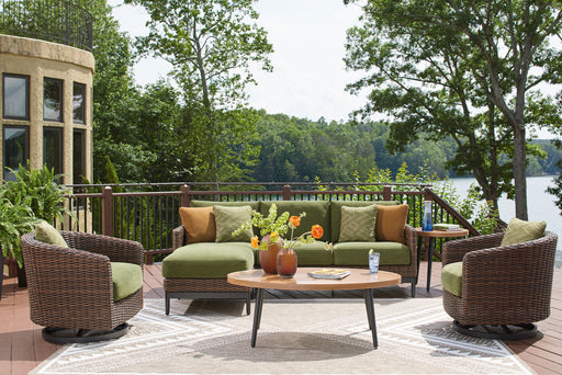 Signature Design by Ashley Horizon Hall lounge set with six outdoor pieces, including chairs, table, and cushions, for patio comfort.