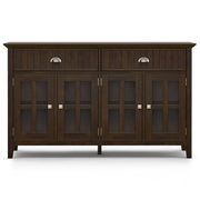 Large brown Acadian sideboard buffet by Simpli-Home with storage cabinets and drawers for living or dining room use.