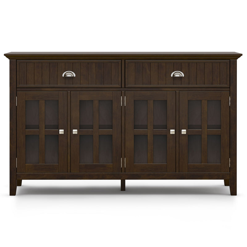 Large brown Acadian sideboard buffet by Simpli-Home with storage cabinets and drawers for living or dining room use.