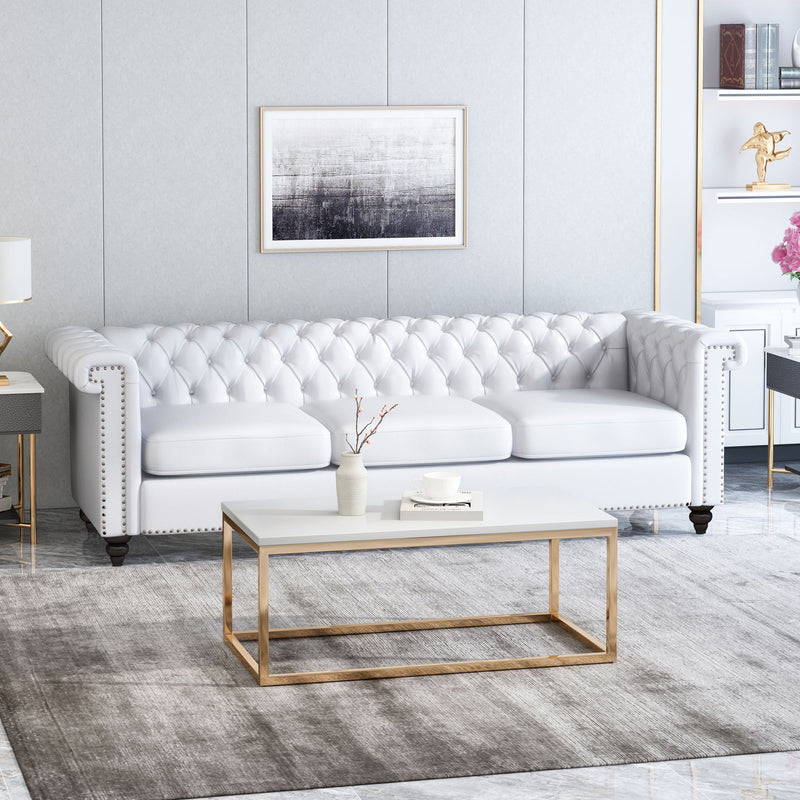 Noble House Chesterfield style 3-seater sofa with deep button tufting, stationary design and elegant rolled arms.
