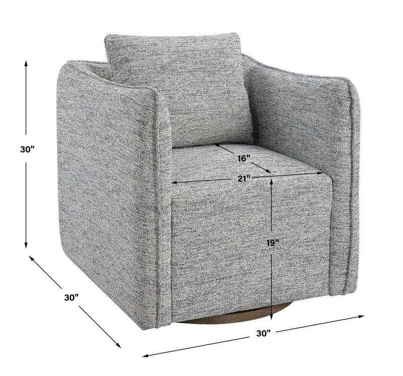 Uttermost Corben swivel chair with plush upholstery, rounded back, and wooden base, showcasing stylish and comfortable seating.