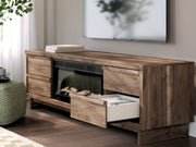 Signature Design by Ashley Zadilyn TV stand with built-in fireplace, featuring wood finish and storage cabinets for living room decor.