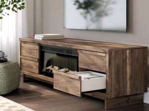 Signature Design by Ashley Zadilyn TV stand with built-in fireplace, featuring wood finish and storage cabinets for living room decor.