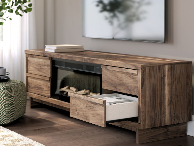 Signature Design by Ashley Zadilyn TV stand with built-in fireplace, featuring wood finish and storage cabinets for living room decor.
