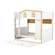 Dreamland full over full bunk bed in white and natural wood with built-in storage shelves and a trundle, ideal for shared bedrooms.