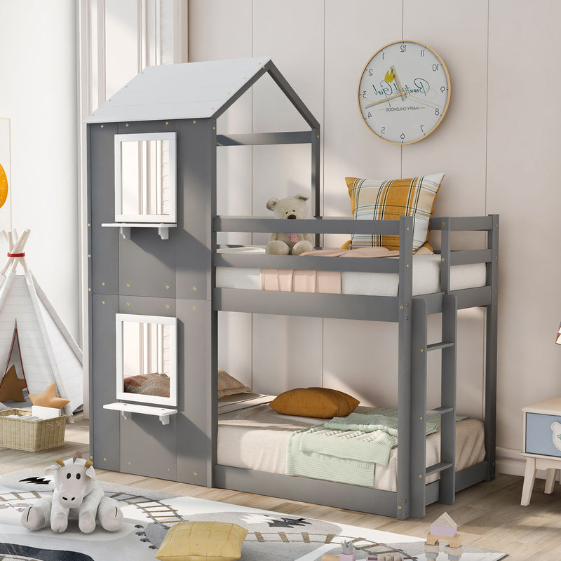 DreamHaus wooden bunk bed with roof, window, guardrail, and ladder, featuring a sturdy design for children’s bedroom decor.