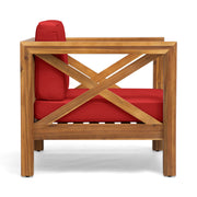 Noble House Brava mid-century modern arm chair with water-resistant cushions, featuring a stylish design and comfortable seating.