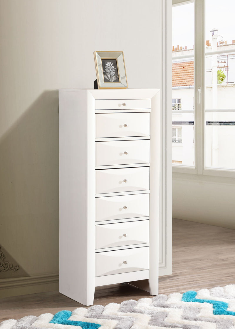 Glory Furniture Marilla 7 Drawer Lingerie Chest with wooden finish and sleek drawer handles, designed for bedroom storage.