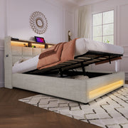 Artistry At Home upholstered platform bed with hydraulic storage, LED lighting, and USB charging ports, no mattress included.