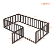 DreamHaus twin size floor bed frame with fence and door in walnut finish, featuring panel bed design and sturdy construction