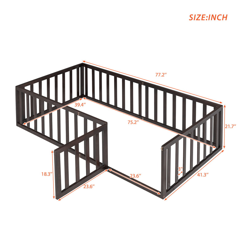 DreamHaus twin size floor bed frame with fence and door in walnut finish, featuring panel bed design and sturdy construction