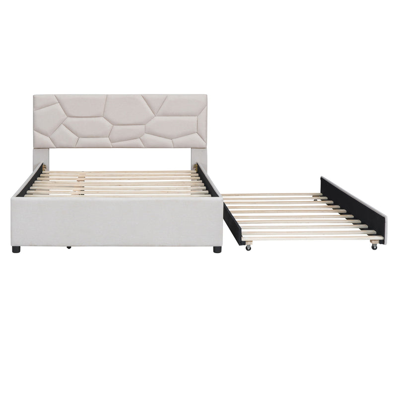 Upholstered Platform Bed With Brick Pattern Headboard And Twin Long Size Trundle - R&R Furniture Gallery (Fountain Valley, CA)