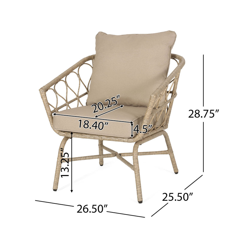 Noble House Bruce outdoor club chair set with water-resistant cushions, brown rattan and iron frame, perfect for patio seating.