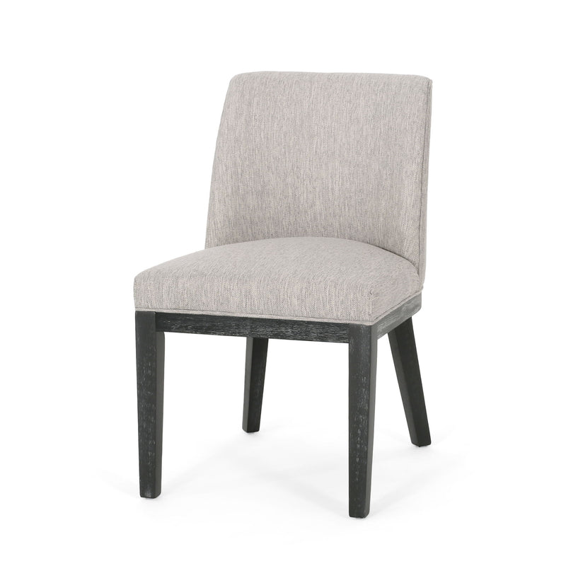 Set of two Noble House modern dining chairs with durable fabric upholstery and sturdy wooden frames, shown from a side view.