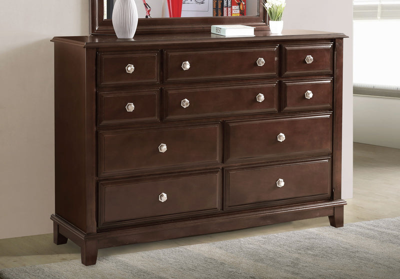 Ashford dresser in cappuccino finish by Glory Furniture, featuring a modern design with multiple drawers for ample storage.