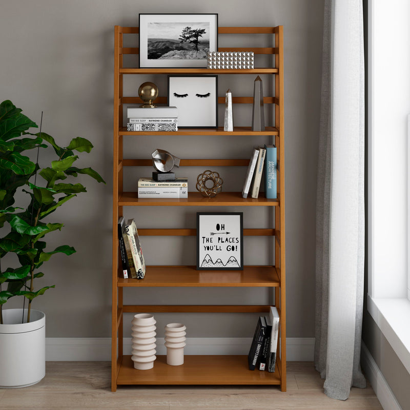 Handcrafted Acadian ladder shelf bookcase by Simpli-Home with multiple wooden shelves and a sleek, modern design.