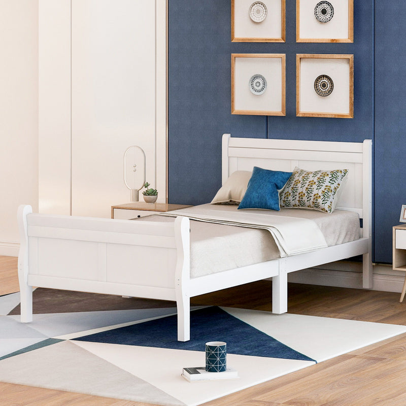 DreamHaus platform bed frame with sleigh design, headboard, footboard, and wood slat support for sturdy mattress foundation.