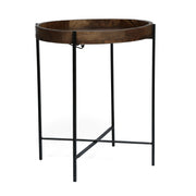 Modern industrial round end table with tray top and foldable iron legs, in natural finish, by Noble House.