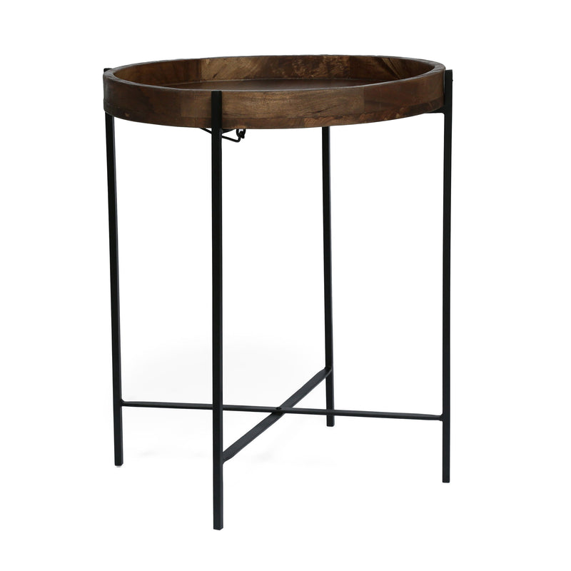 Modern industrial round end table with tray top and foldable iron legs, in natural finish, by Noble House.