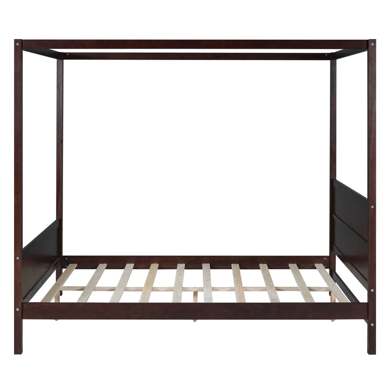 DreamHaus canopy platform bed with headboard, footboard, and slat support leg, showcasing a stylish bedroom furniture piece.