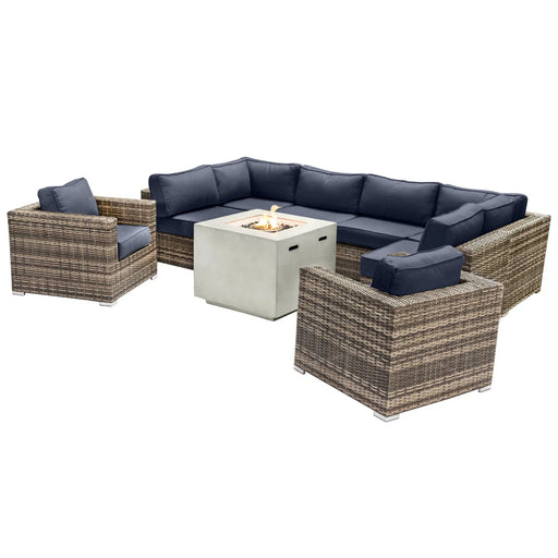 Premium 6 Person Wicker Patio Seating Group With Deep Cushions And Concrete Fire Pit - Gray Mix - R&R Furniture Gallery (Fountain Valley, CA)